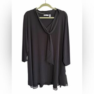 Susan Graver Liquid Knit Black 3X Woman’s Tunic Too with Tie Neck & Flutter Hem